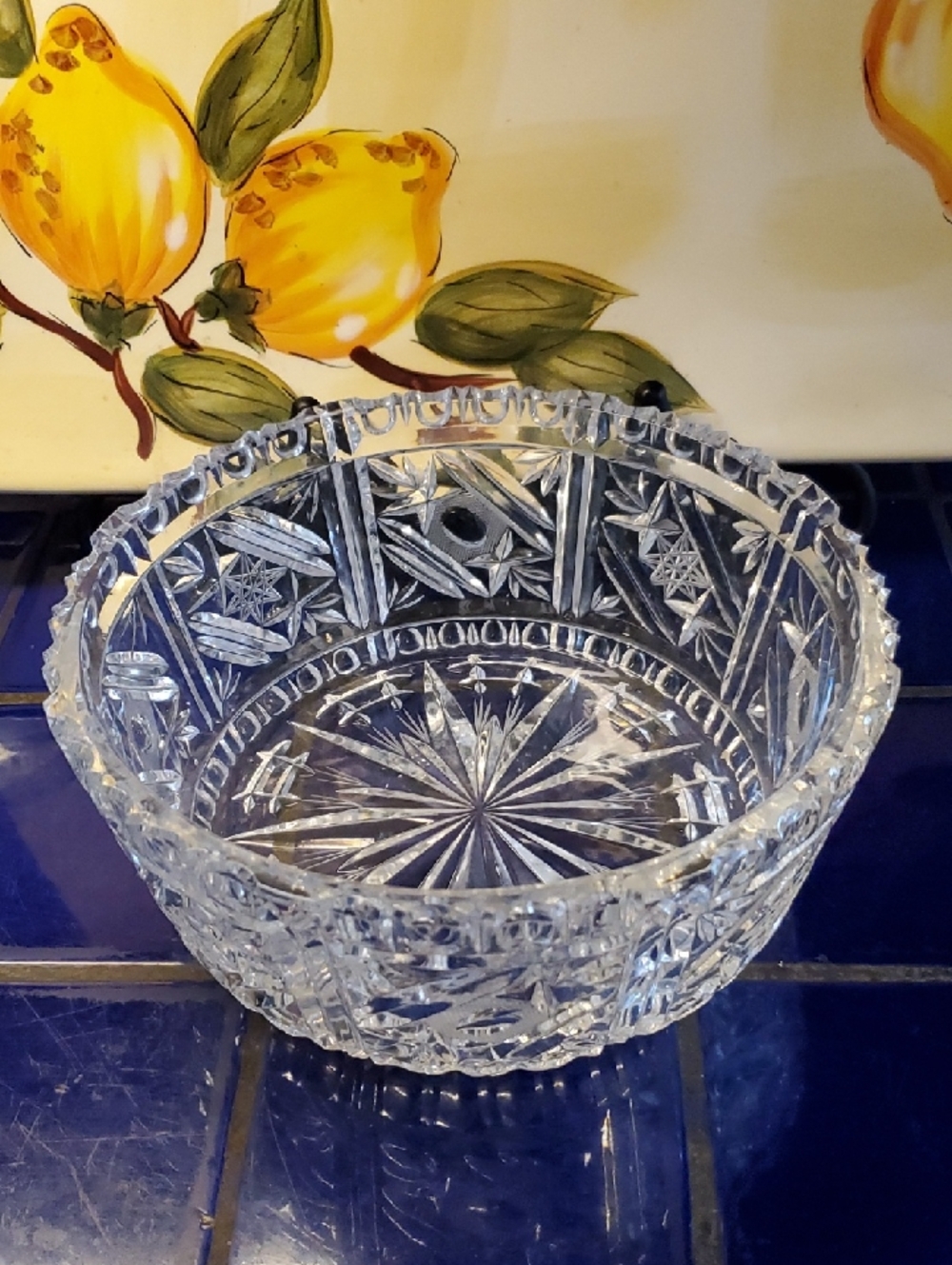 Vintage Cut Crystal Etched Glass Bowl 8"